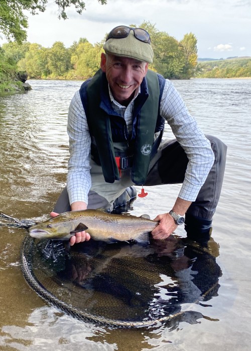 Your first ever salmon on the fly always creates a special smile for the camera. This fish was caught at the perfect March Pool of the River Tay and was landed on the lovely sand bar you can see to the left of frame with the assistance of my McLean landing net.