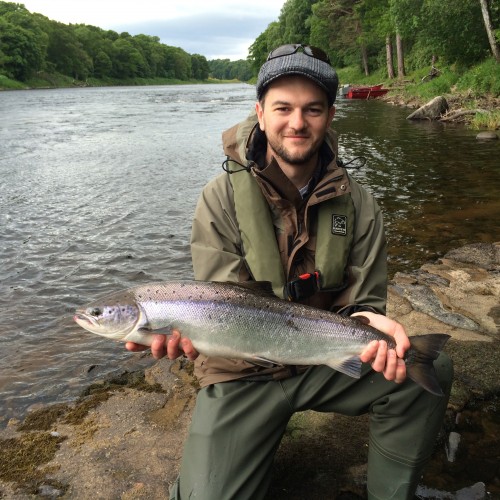 This visiting American salmon fisher had only just been taught how to Spey cast when this perfect Spring salmon took his fly. This fish was hooked in 'The Cradle' Pool on the River Tay's prolific Cargill Beat near Stanley.