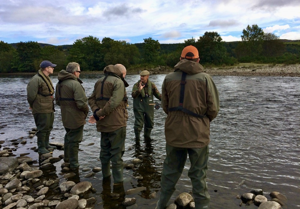 Here's 4 new salmon fishers being taught at the Mike's Run salmon pool on the River Tummel near Ballinluig in Perthshire. A guided salmon fishing day always commences with a refresher or crash course in Spey casting techniques and other important salmon fishing skills.