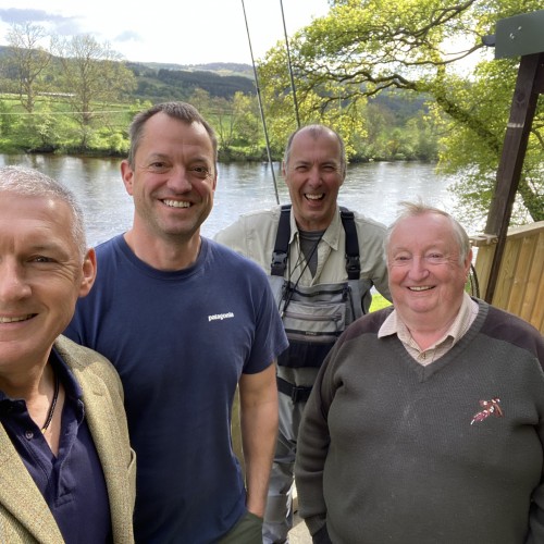 Here's a shot of myself and 2 brilliant River Tay salmon fishing guests and fellow professional River Tay salmon guide/instructor Iain Kirk. This shot was taken outside the River Tay's Kinnaird Beat fishing hut near Dunkeld.