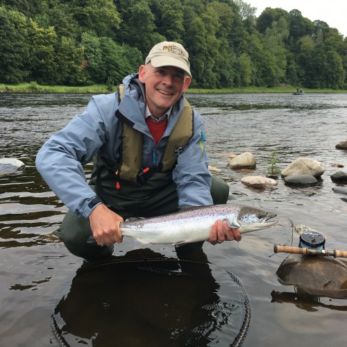 Here's big George Clarke from Washington DC holding one of 5 perfect fresh run salmon he caught that morning near Stanley on the River Tay in July. While we were starting I gave George a refresher on the Spey cast and while doing so the first fish of the day was hooked!