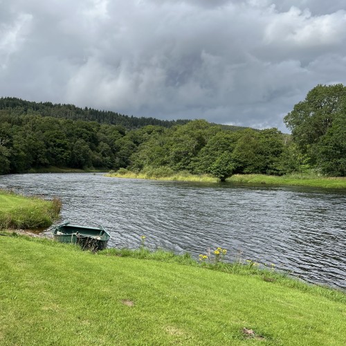 Another perfect Tulchan Beat salmon fly fishing pool of the River Spey near Advie. The Spey also utilises small oar boats for commuting fishing guests across to the far bank and for also letting guests fish from on occasion.