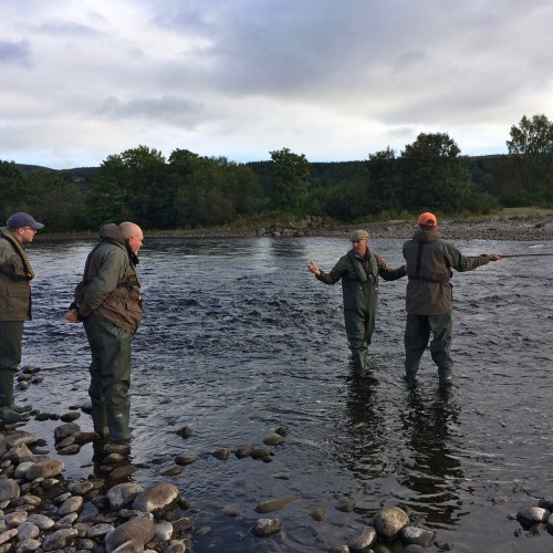 Here's Jock Monteith with a party of new salmon fishers delivering some Spey casting tuition at the start of their fishing day. This photograph was taken at the neck of the Mike's Run salmon pool which is the last pool on the River Tummel before the Tummel meets the River Tay 300 yards downstream of this position.
