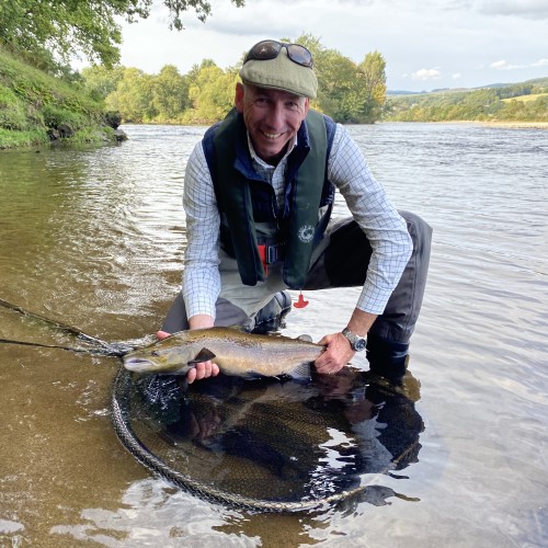 Your first ever salmon on the fly always creates a special smile for the camera. This fish was caught at the perfect March Pool of the River Tay and was landed on the lovely sand bar you can see to the left of frame with the assistance of my McLean landing net.