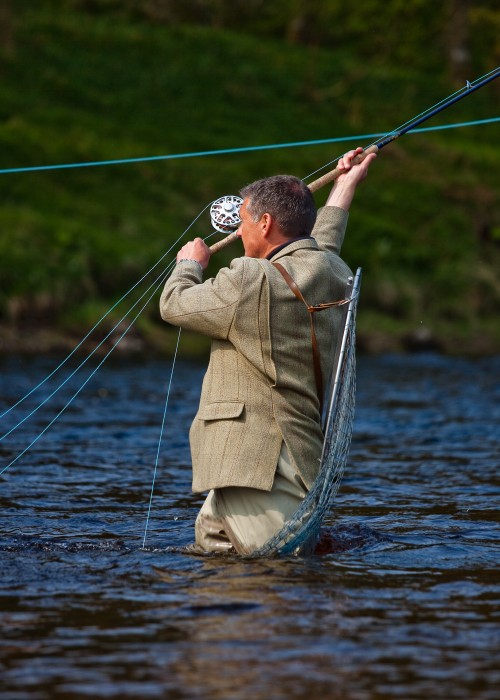 Professional Scottish photographer Louise Bellin took this perfectly timed Spey casting shot which she captured at the lovely Meetings Pool on the Kinnaird Beat Near Pitlochry. This section of the cast is known as 'The Swing' where your carefully lifted taut fly line comes smoothly around to form an upstream 'Anchor Point' before being represented across the river via 'The Powerstroke'.