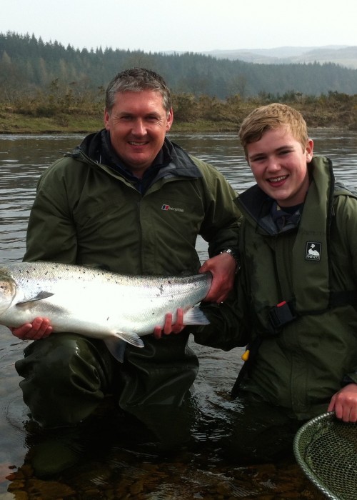 Here's young Robbie Fairfull (then 12 years old) and myself at the Ash Tree Pool on Kinnaird holding an absolute peach of a 20lbs Spring salmon. Robbie went on to land another one of the same size 20 minutes after this fish was released! These fish were caught during the last week of March which is always a great time for big Tay salmon.