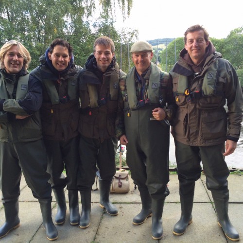 Here's a really great group of young fishing guests who came up to the River Tay to master the important salmon fishing skills. This photo was taken at the very start of their salmon fishing day outside the Upper Kinnaird fishing hut near Dunkeld