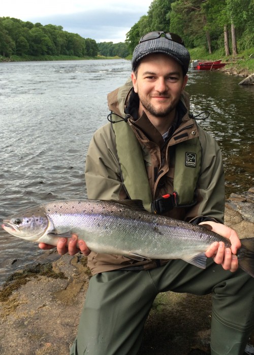 This visiting American salmon fisher had only just been taught how to Spey cast when this perfect Spring salmon took his fly. This fish was hooked in 'The Cradle' Pool on the River Tay's prolific Cargill Beat near Stanley.
