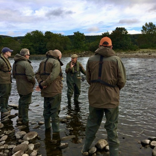 Here's 4 new salmon fishers being taught at the Mike's Run salmon pool on the River Tummel near Ballinluig in Perthshire. A guided salmon fishing day always commences with a refresher or crash course in Spey casting techniques and other important salmon fishing skills.