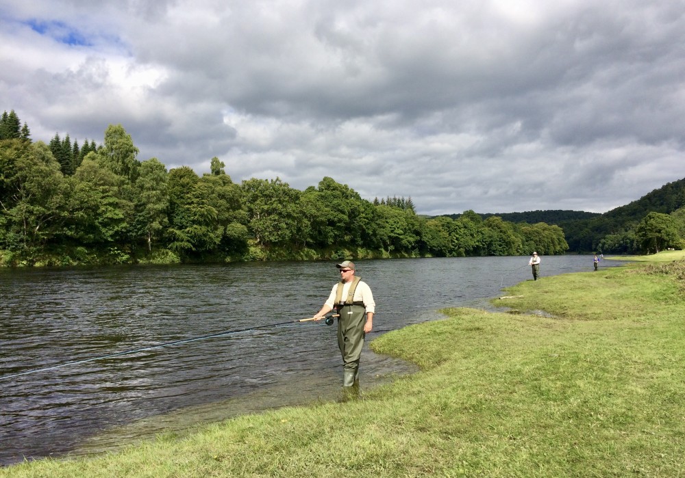 The most important part of salmon fly fishing is manufacturing good water coverage over the full course of the fishing as that's ultimately what finds you a cooperating salmon! Here's a party of River Tay salmon fishers putting their newly learned salmon fishing movement technique into practice near Dunkeld.