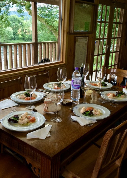 What a fantastic culinary scene to welcome the salmon fishers off the River Tay at lunchtime to recharge their energy levels. Only the best professional Michelin Starred chefs are brought in to provide our fishing hut catering service as you can see here in this shot which was taken in the Kinnaird Beat fishing hut near Dunkeld.