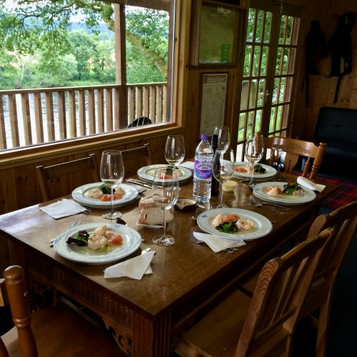 What a fantastic culinary scene to welcome the salmon fishers off the River Tay at lunchtime to recharge their energy levels. Only the best professional Michelin Starred chefs are brought in to provide our fishing hut catering service as you can see here in this shot which was taken in the Kinnaird Beat fishing hut near Dunkeld.