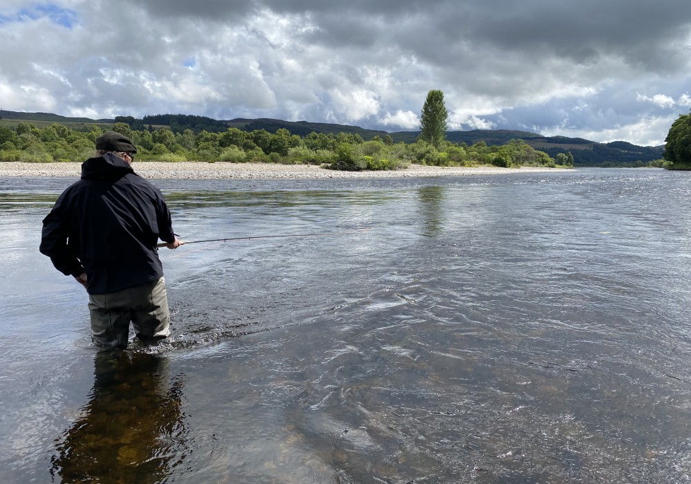 Here's an educated salmon angler displaying perfect 'no disturbance' wading technique while fishing down the right hand bank of the March Pool on Kinnaird. This type of approach will massively assist you chances of hooking salmon and especially close lying fish.