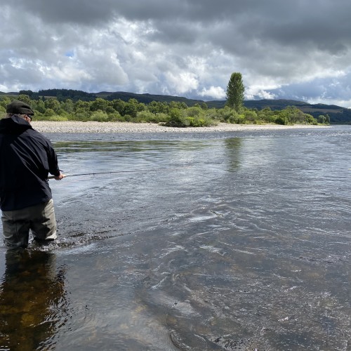 Here's an educated salmon angler displaying perfect 'no disturbance' wading technique while fishing down the right hand bank of the March Pool on Kinnaird. This type of approach will massively assist you chances of hooking salmon and especially close lying fish.