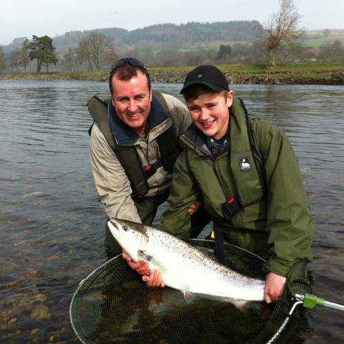 Here's the first heavyweight salmon for this young fisher seen here in the photograph with his amazed father! A few moments after this 20lbs Tay springer was released he hooked and landed another perfect fish of similar proportions. A truly amazing morning on the River Tay during late March.