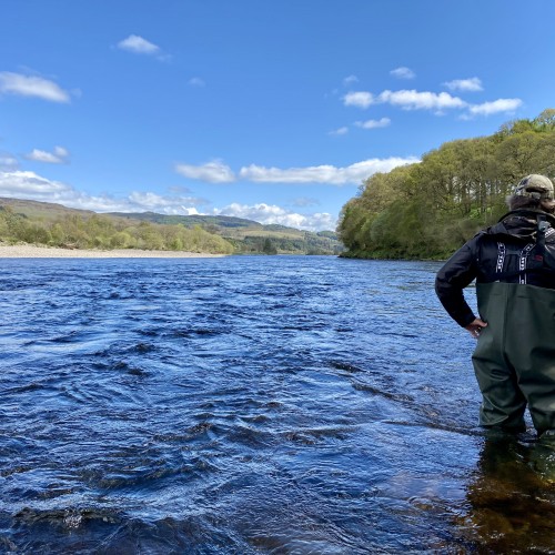 This is early May on the middle River Tay between Pitlochry & Dunkeld which is a renowned salmon fishing hot spot. Look at the perfect blue sky & water and the new leaves starting to appear on the riverside trees. This fine shot was taken from the right hand bank of the March Pool which is a particularly good salmon pool during Springtime.