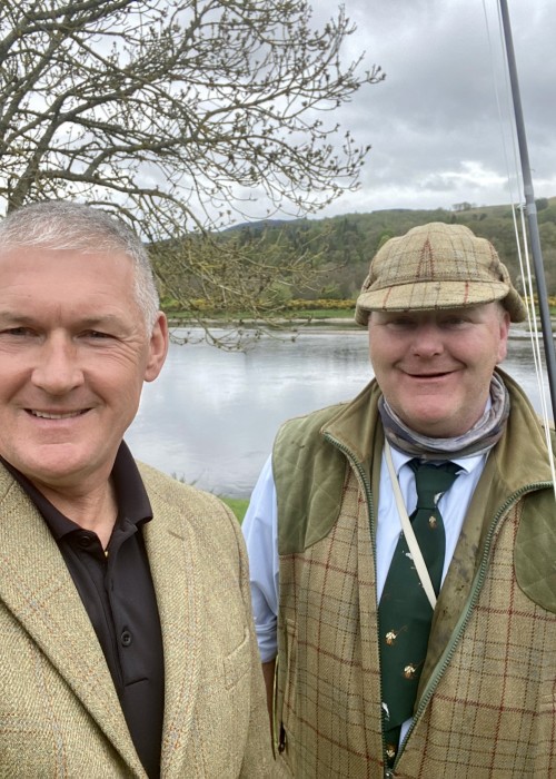 Here's a riverside shot taken in front of the Lower Kinnaird Beat salmon fishing hut of the Lower Kinnaird Head Ghillie Martin Edgar and myself. Martin and I have worked together for over 20 years on 2 beats of the River Tay upstream & downstream of Dunkeld Bridge.