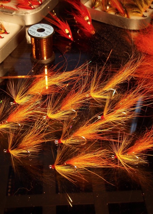 I tied this batch up for a salmon angler back in 2009 who had heard through the grapevine how many salmon I'd been consistently catching on this salmon fly pattern. They were looking so good when I finished tying I just had to take this photograph. This is the Monteith 'Copperass' salmon fly.