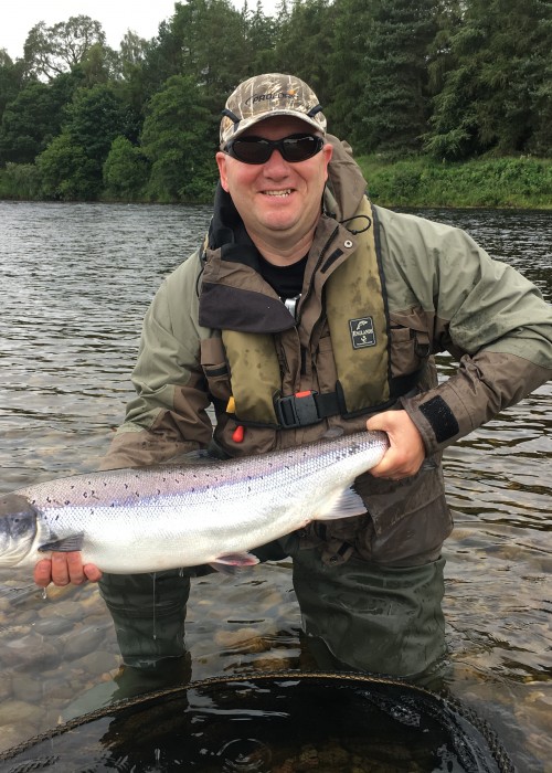 This guest caught this perfect River Tay salmon with his very first cast of the fishing day near Murthly. As you can see that a life jacket & eye protection are mandatory with all of our guided fishing guests in addition to salmon!