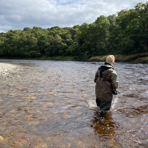 You should never wade too deep on a salmon river where it becomes difficult to balance due to fast moving water pushing on the back of your legs as seen here. If this happens just come back a foot or two and life will be much more comfortable while wading.